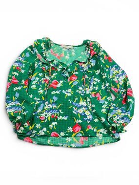LOFT Peasant Top Green Botanical Floral Boho Shirt Ruffled V-Neck Lightweight S
